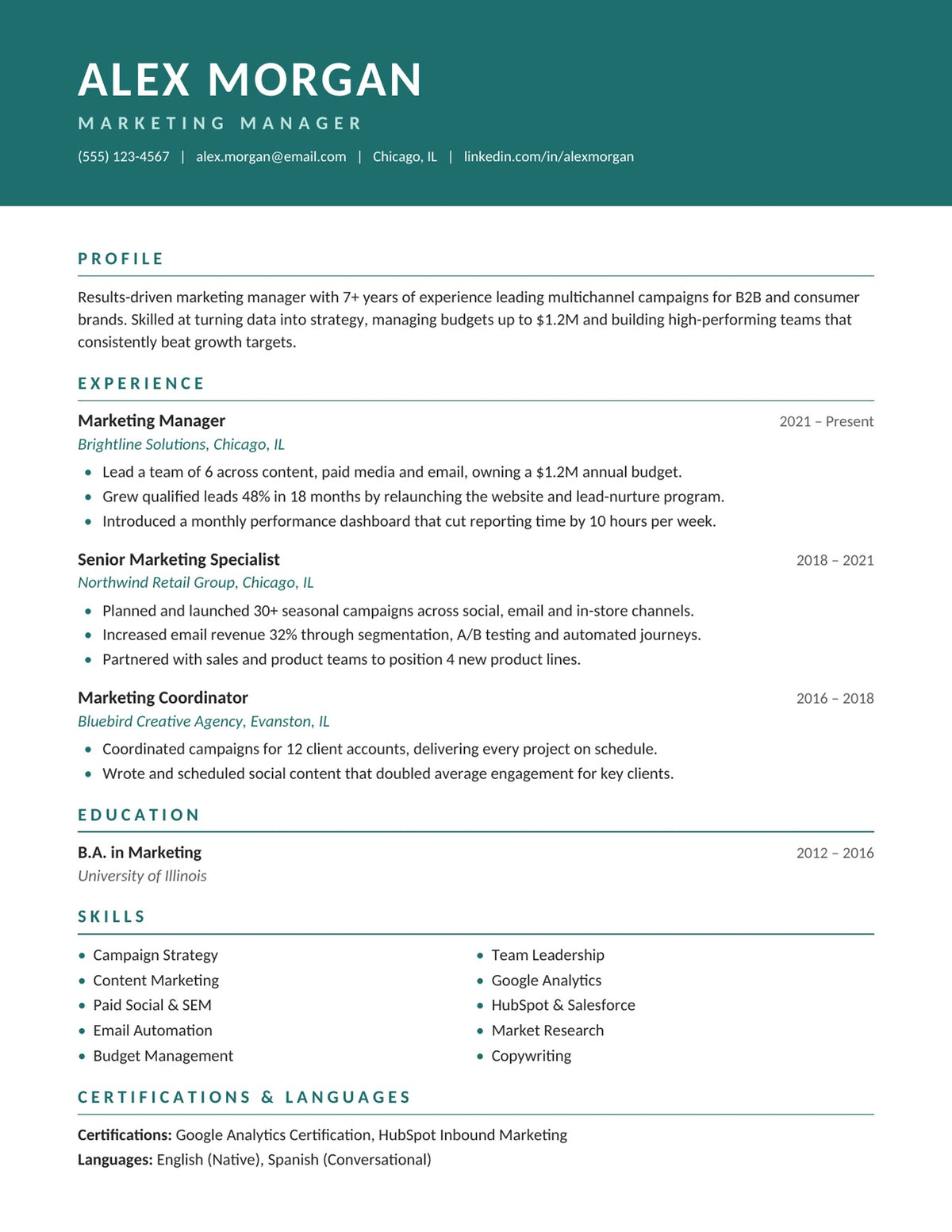 Horizon one-page resume template with full-width teal header