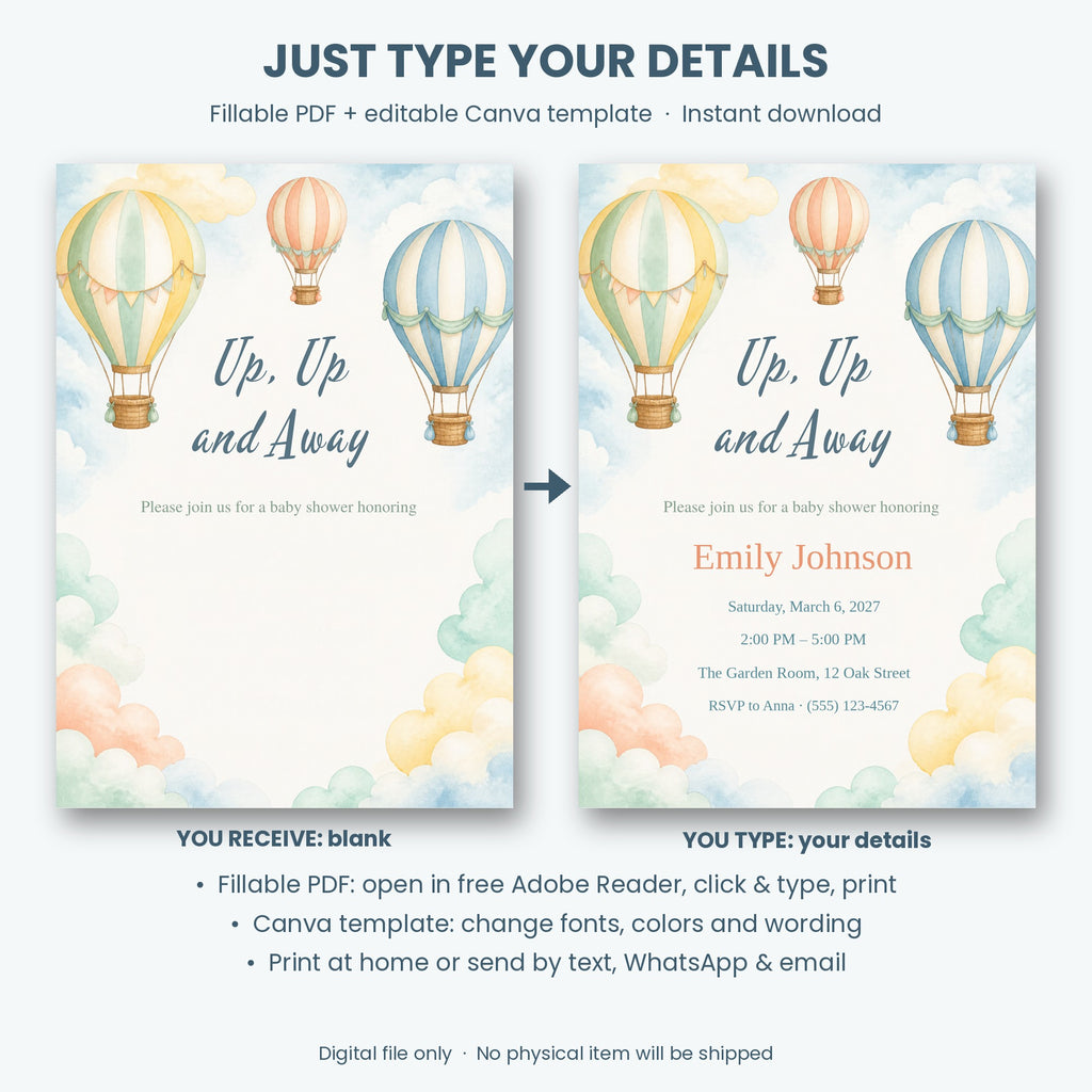 Hot Air Balloon Baby Shower Invitation – Fillable PDF & Editable Canva Template