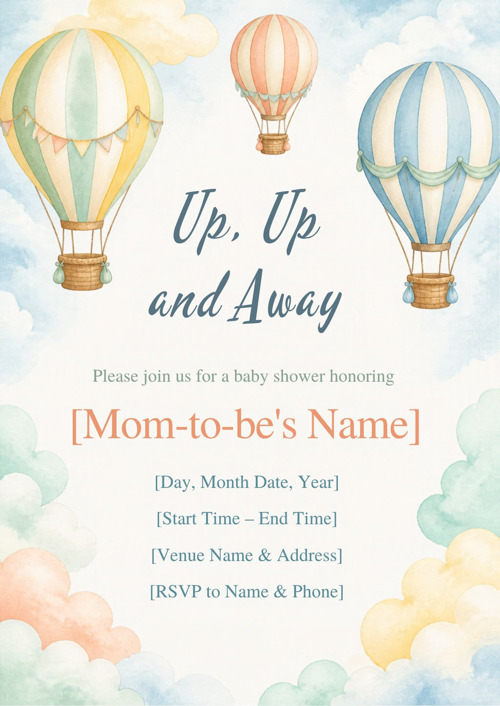 Hot Air Balloon Baby Shower Invitation – Fillable PDF & Editable Canva Template