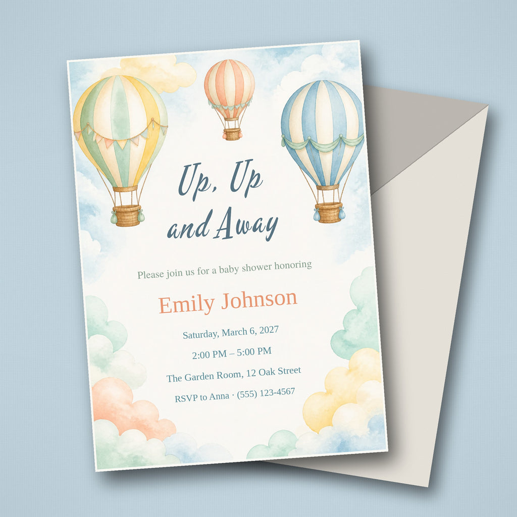 Hot Air Balloon Baby Shower Invitation – Fillable PDF & Editable Canva Template