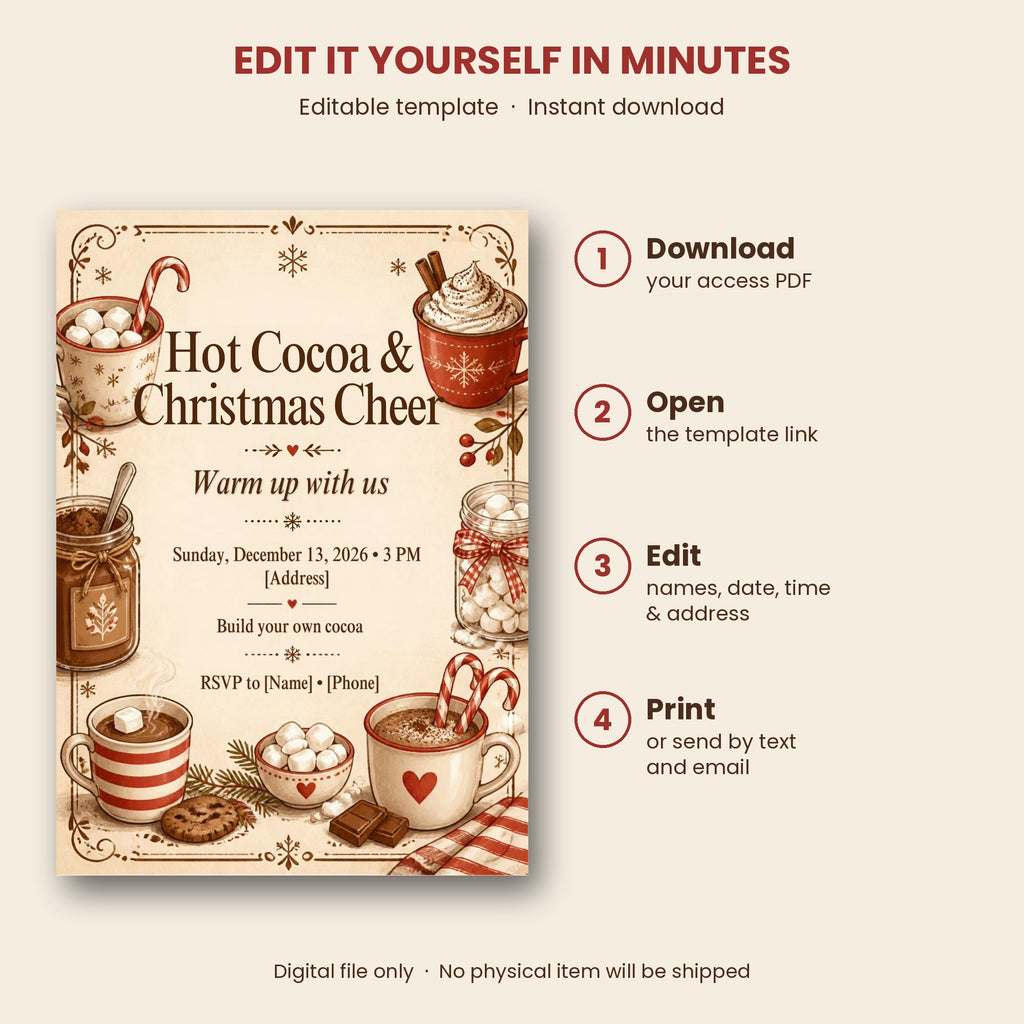 Hot Cocoa Bar Christmas Party Invitation – Editable Canva Template