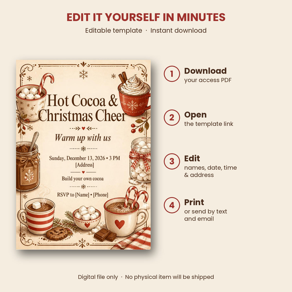 Hot Cocoa Bar Christmas Party Invitation – Editable Canva Template