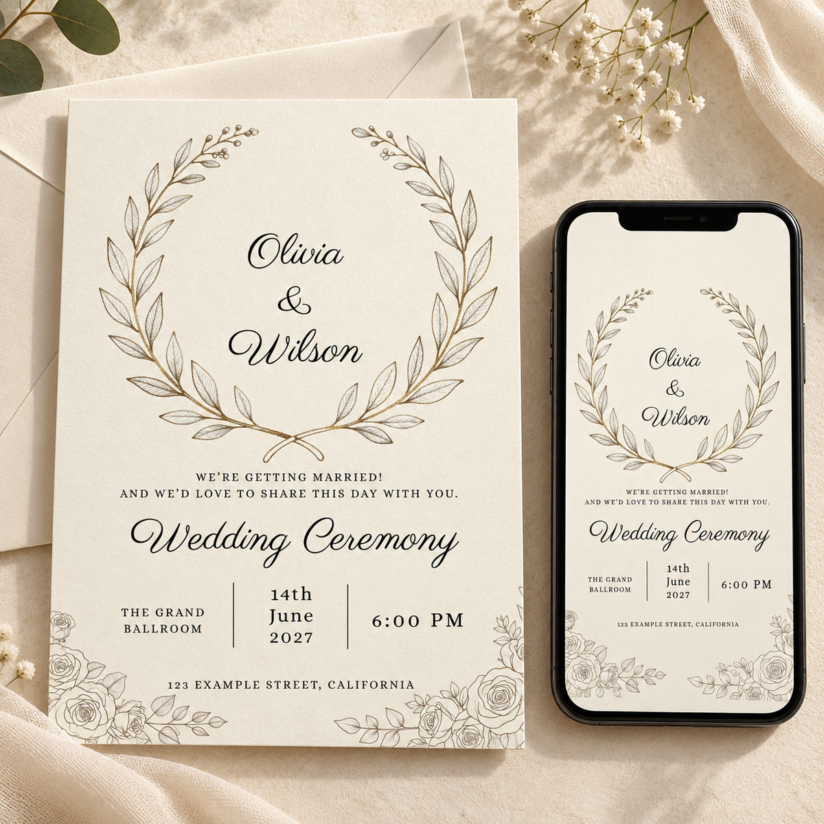 Ivory Bloom botanical wedding invitation – editable Canva template, 5x7