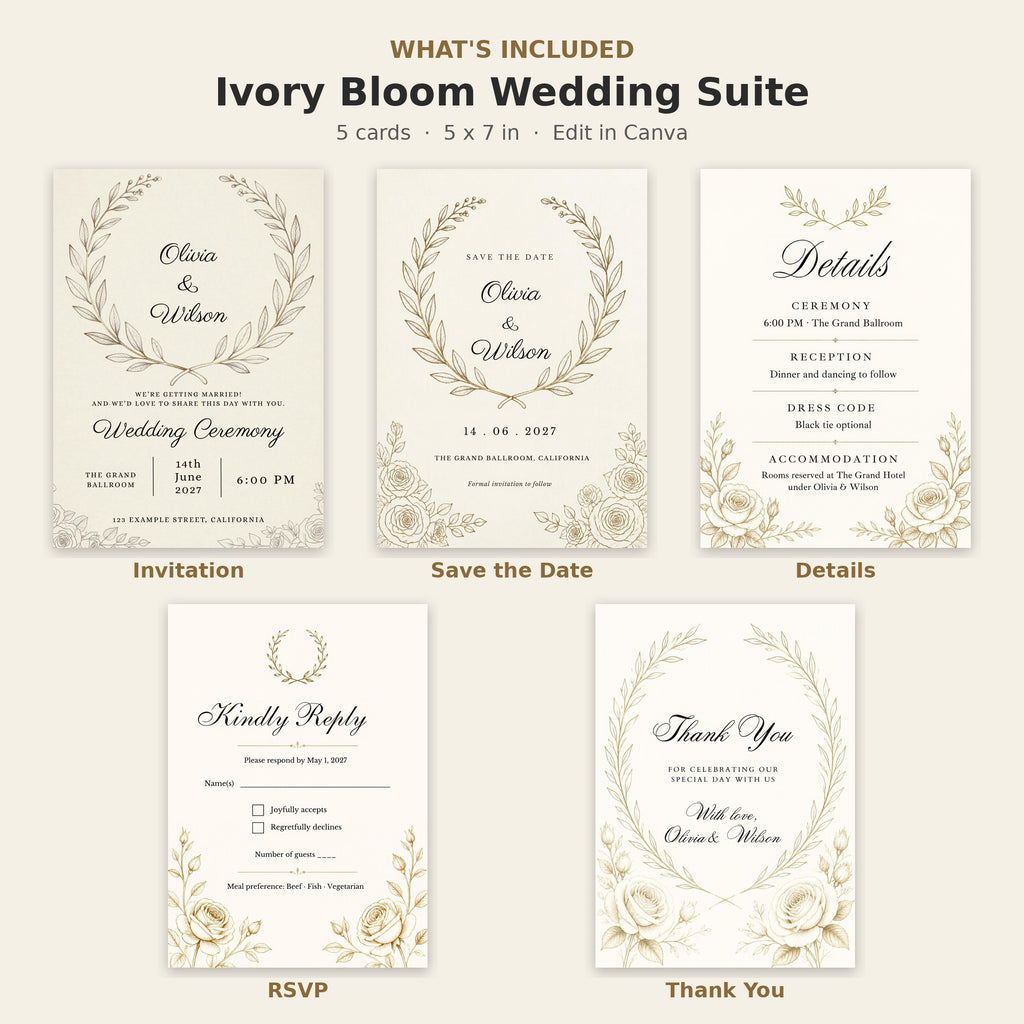 What's included in the Ivory Bloom wedding suite – 5 matching editable 5x7 cards