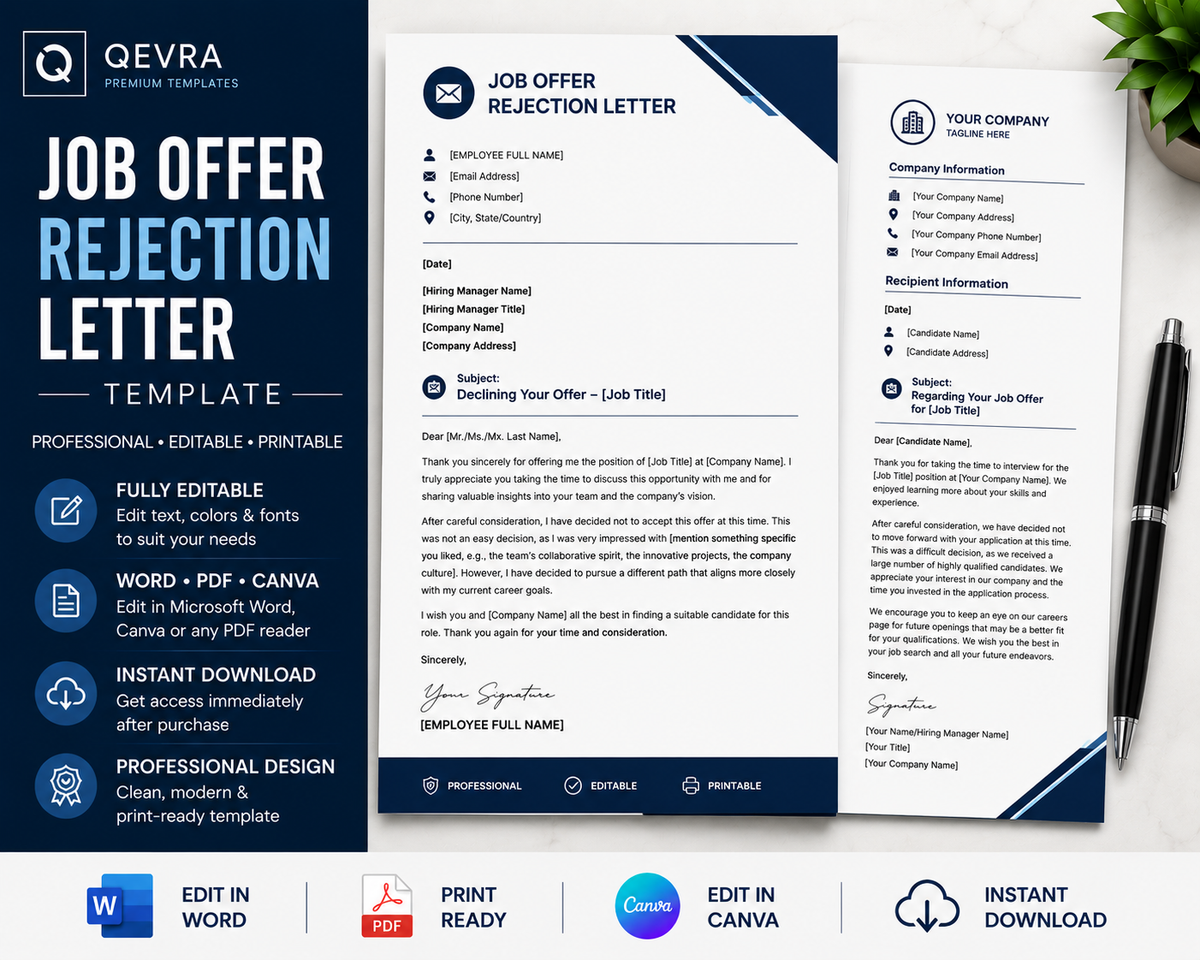 Job Offer Rejection Letter Template | Editable Word, PDF & Canva