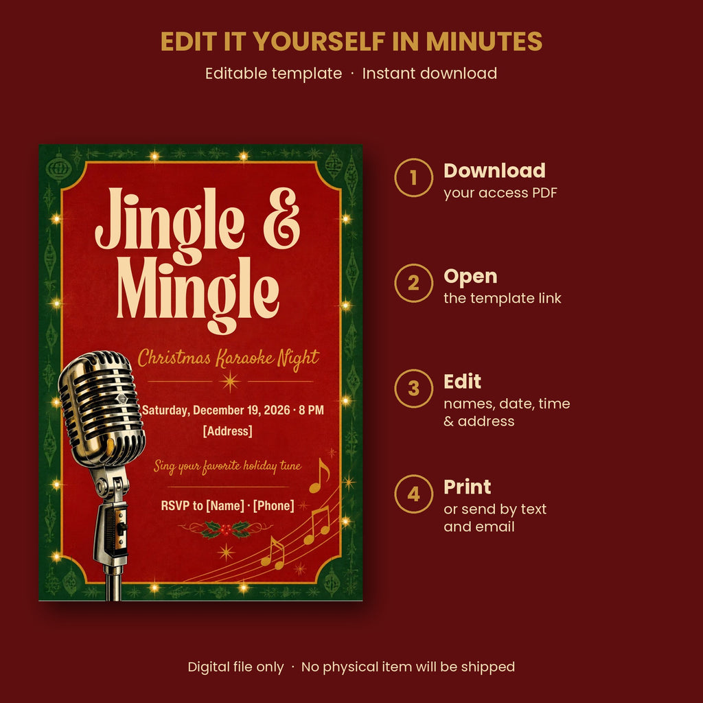 Jingle & Mingle Christmas Karaoke Night Invitation – Editable Canva Template