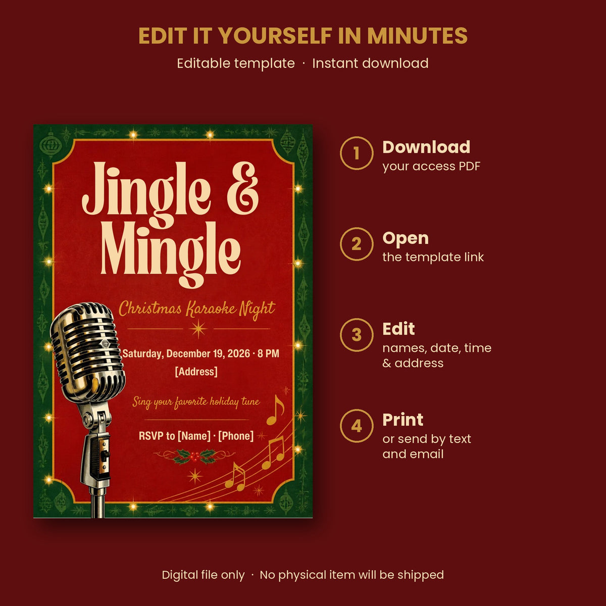 Jingle & Mingle Christmas Karaoke Night Invitation – Editable Canva Template