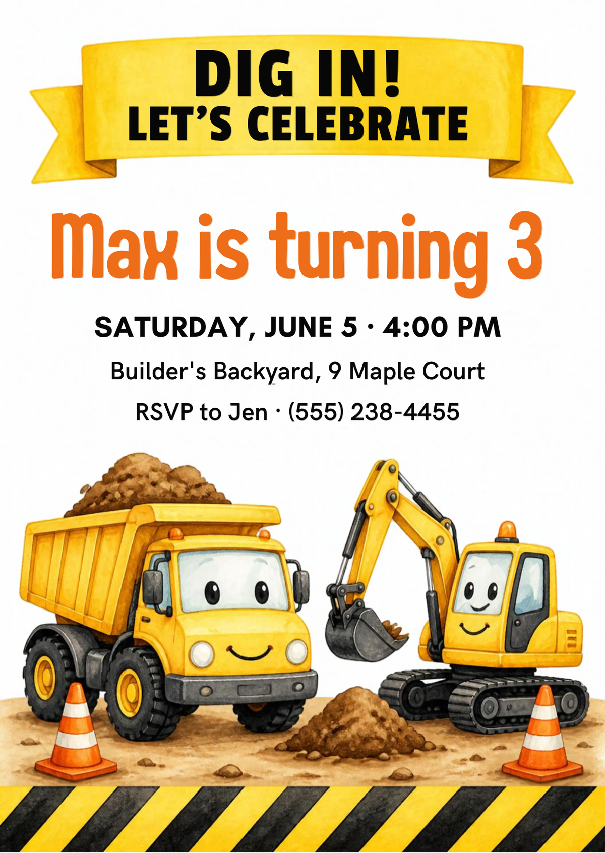 Editable construction birthday invitation with watercolor dump truck, excavator and traffic cones – 5x7 portrait