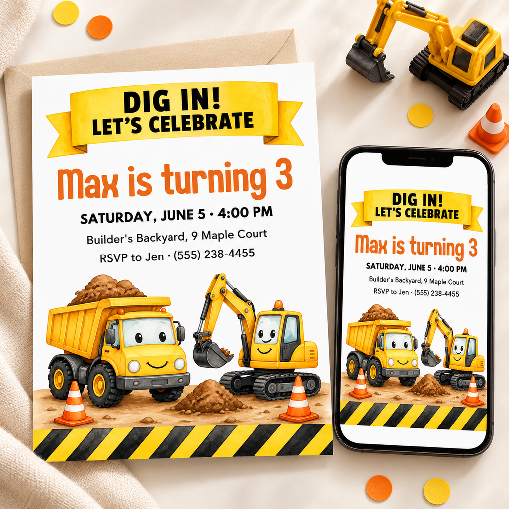 Construction birthday party invitation mockup – editable dump truck and excavator Canva template, 5x7