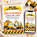Construction birthday party invitation mockup – editable dump truck and excavator Canva template, 5x7