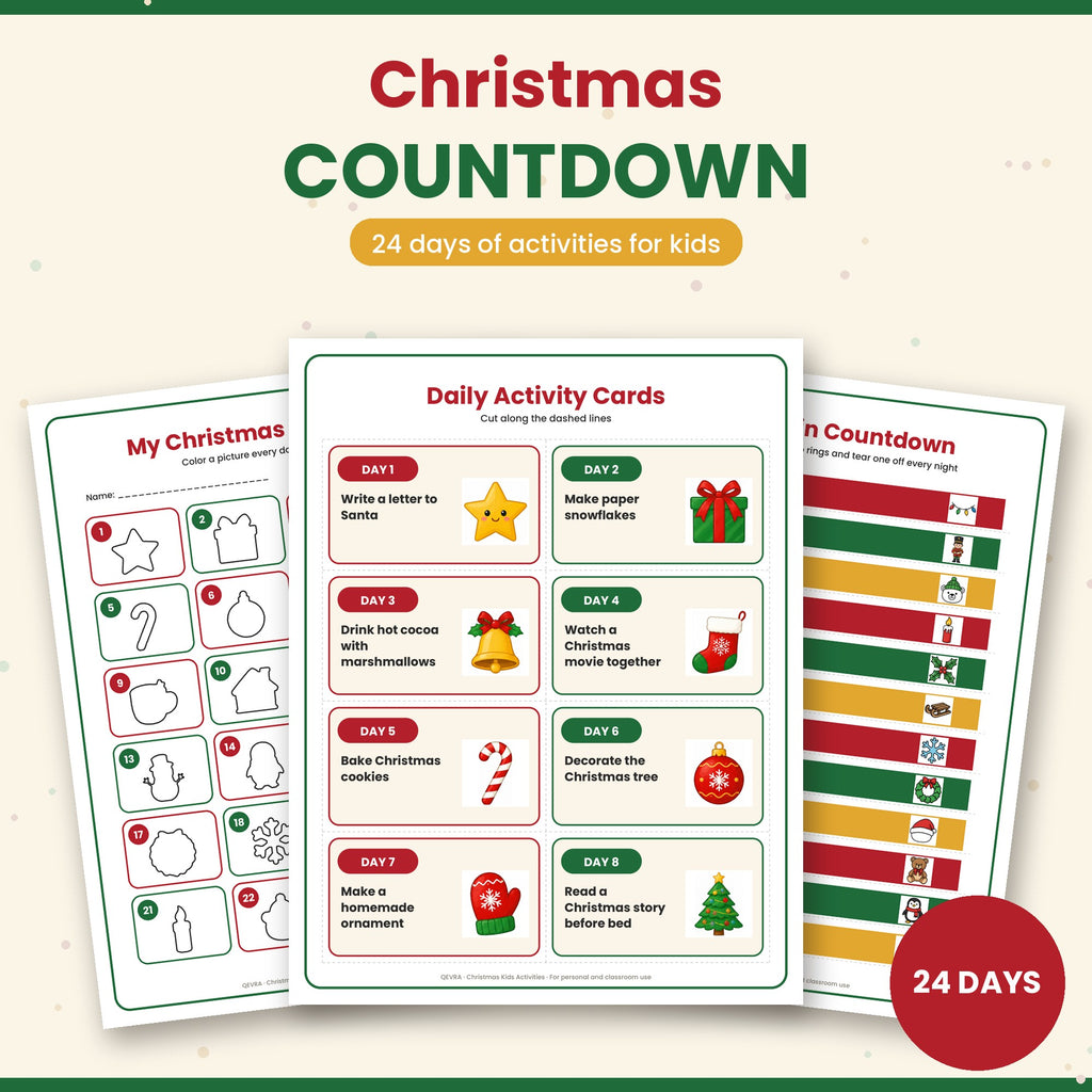 Christmas Countdown Calendar for Kids – 24 Daily Activity Cards, Coloring Countdown & Paper Chain Printable