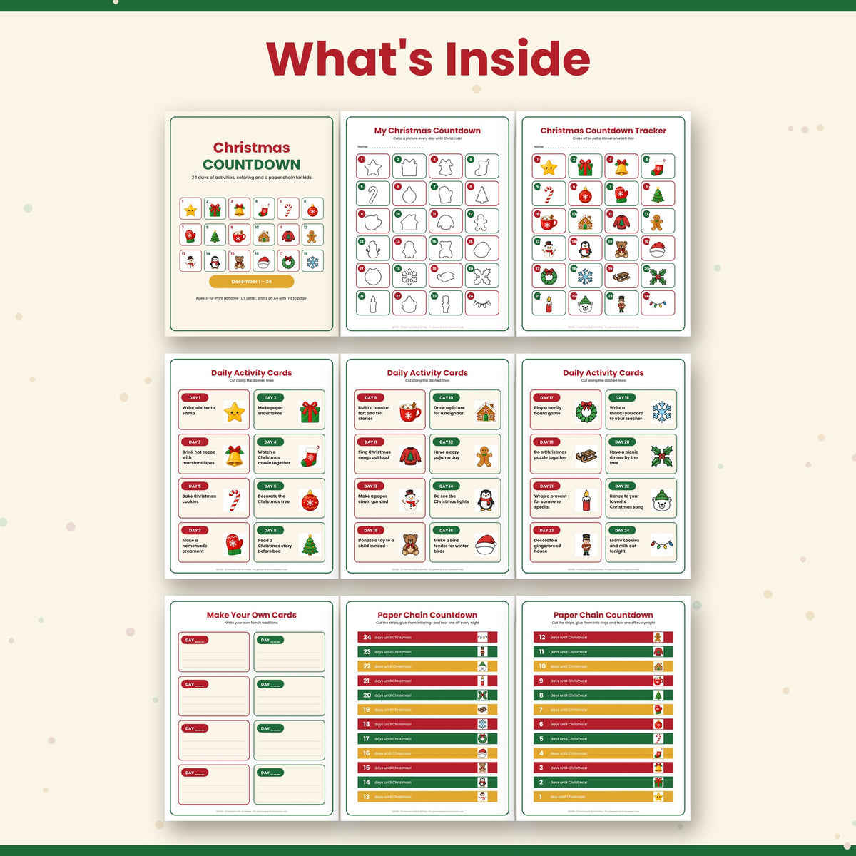 Christmas Countdown Calendar for Kids – 24 Daily Activity Cards, Coloring Countdown & Paper Chain Printable