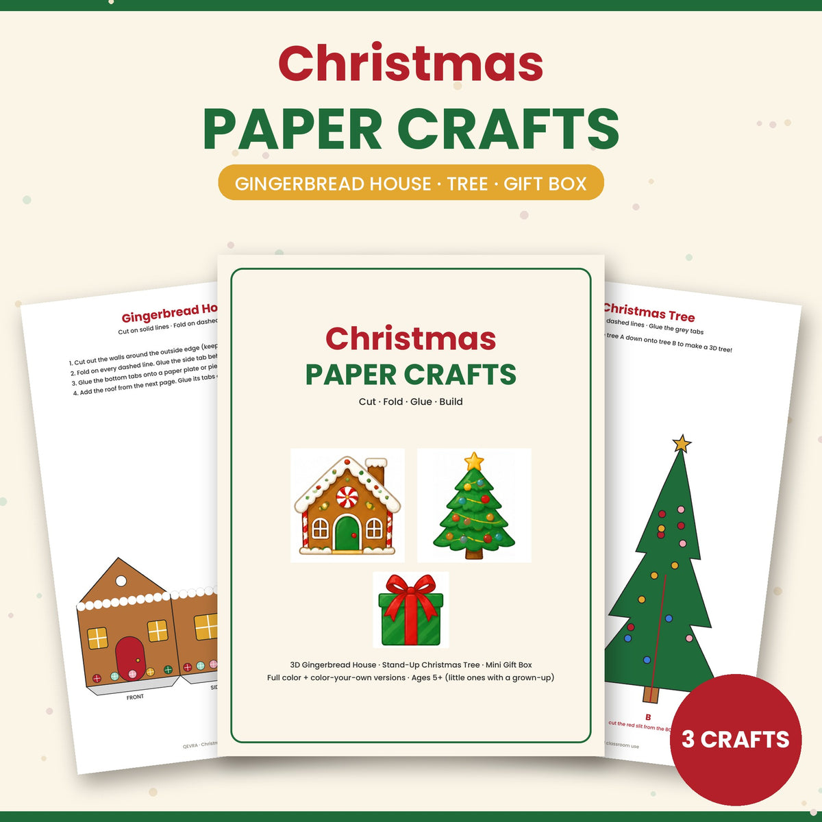 Christmas Paper Crafts for Kids – 3D Gingerbread House, Stand-Up Tree & Gift Box Printable