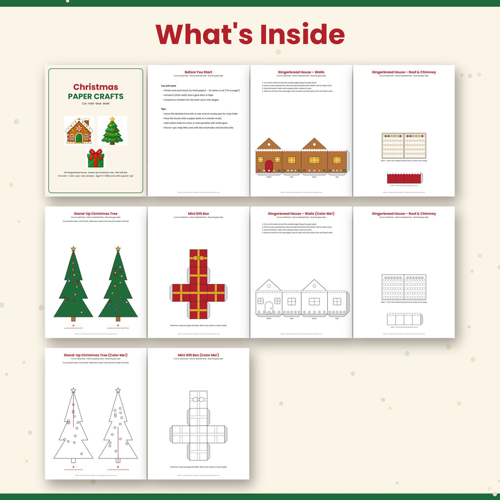 Christmas Paper Crafts for Kids – 3D Gingerbread House, Stand-Up Tree & Gift Box Printable