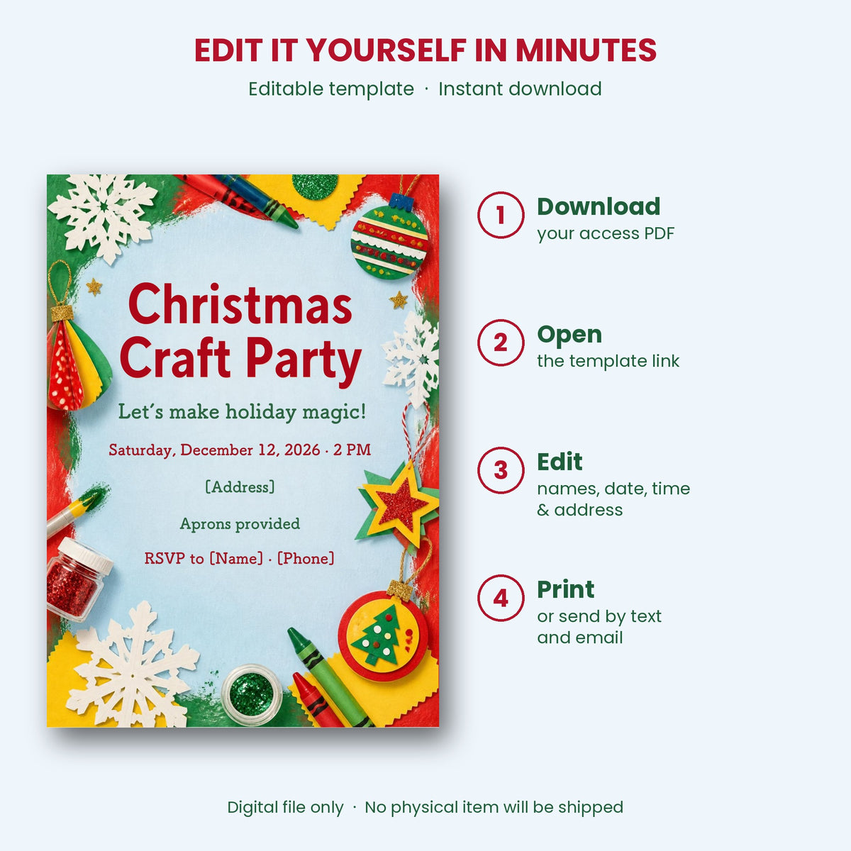 Kids Christmas Craft Party Invitation – Editable Canva Template