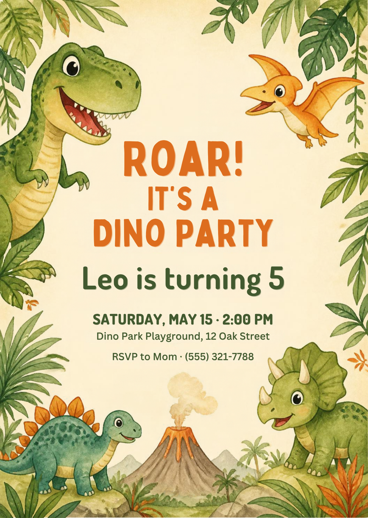 Editable Canva dinosaur birthday invitation template for kids, 5x7