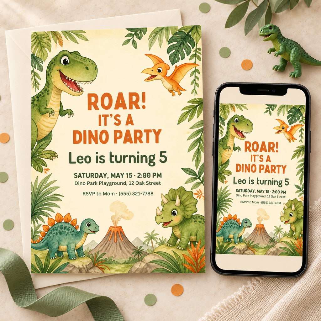 Dinosaur birthday party invitation with cute watercolor T-rex, triceratops and volcano, shown as printed card and on phone