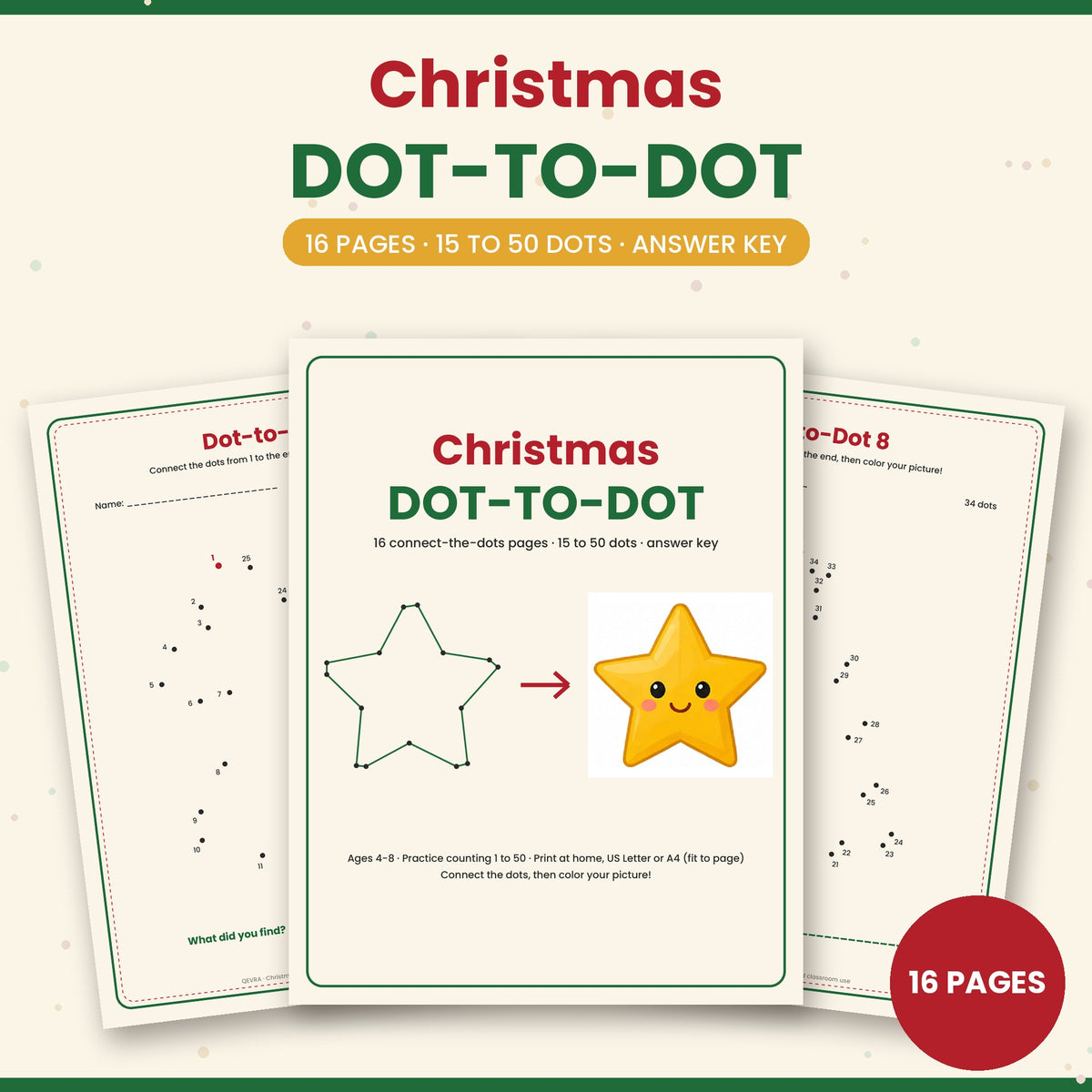 Christmas Dot-to-Dot for Kids – 16 Printable Connect the Dots Pages with Answer Key