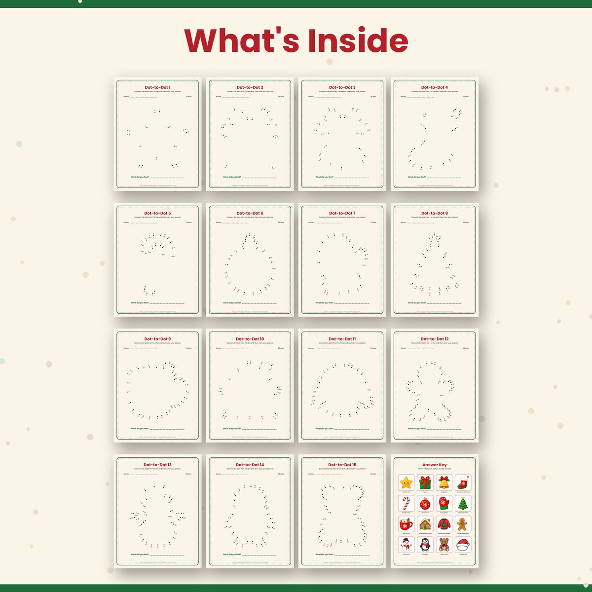 Christmas Dot-to-Dot for Kids – 16 Printable Connect the Dots Pages with Answer Key