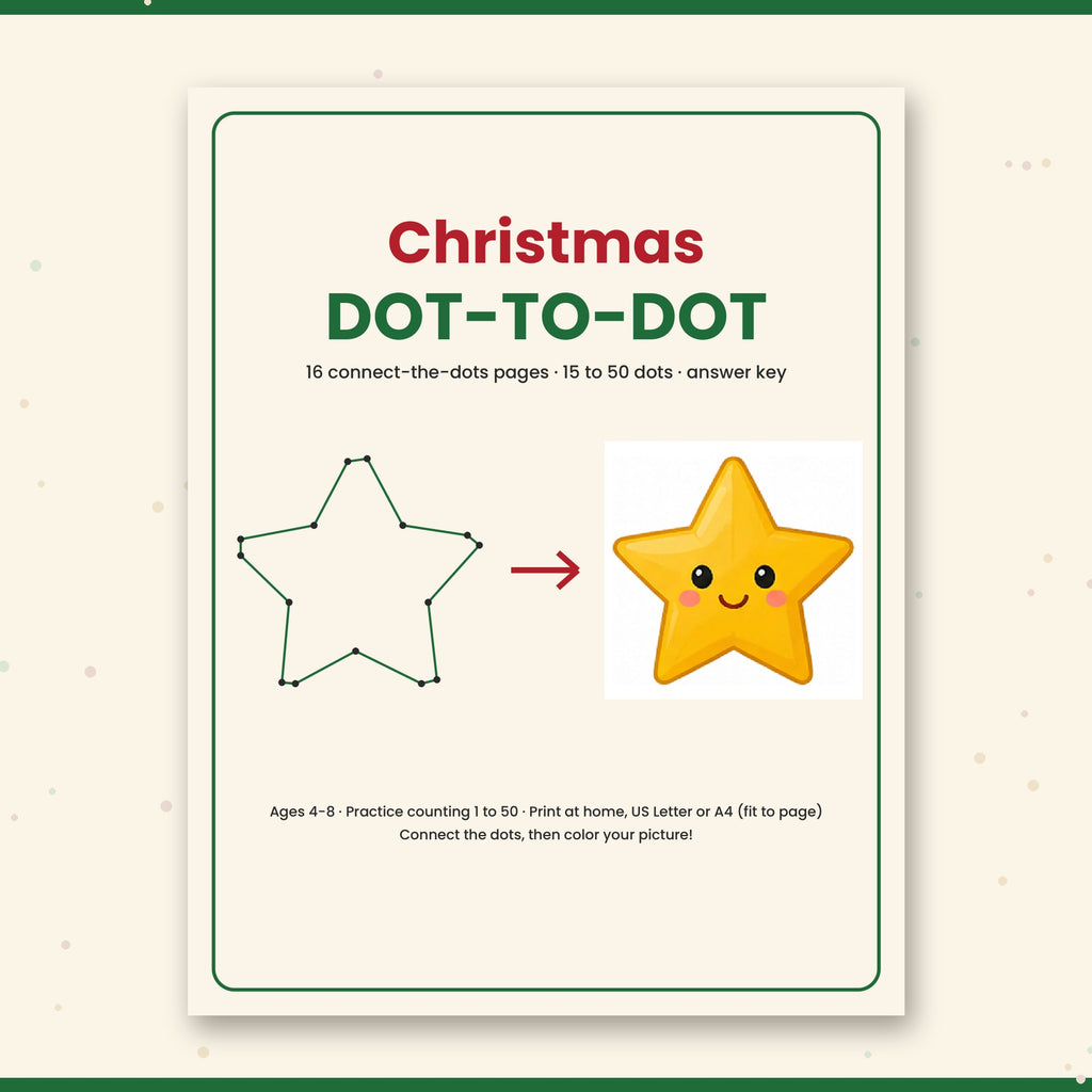 Christmas Dot-to-Dot for Kids – 16 Printable Connect the Dots Pages with Answer Key