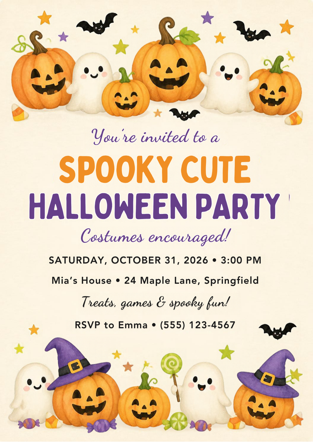 Editable 5x7 kids Halloween party invitation with smiling pumpkins, ghosts and bats