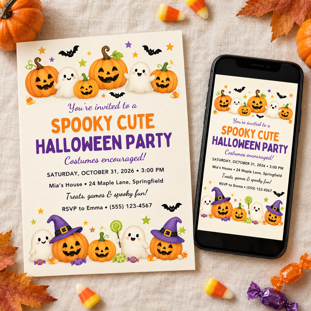 Spooky Cute kids Halloween party invitation printed and on a phone, with pumpkins and candy corn