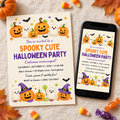 Spooky Cute kids Halloween party invitation printed and on a phone, with pumpkins and candy corn