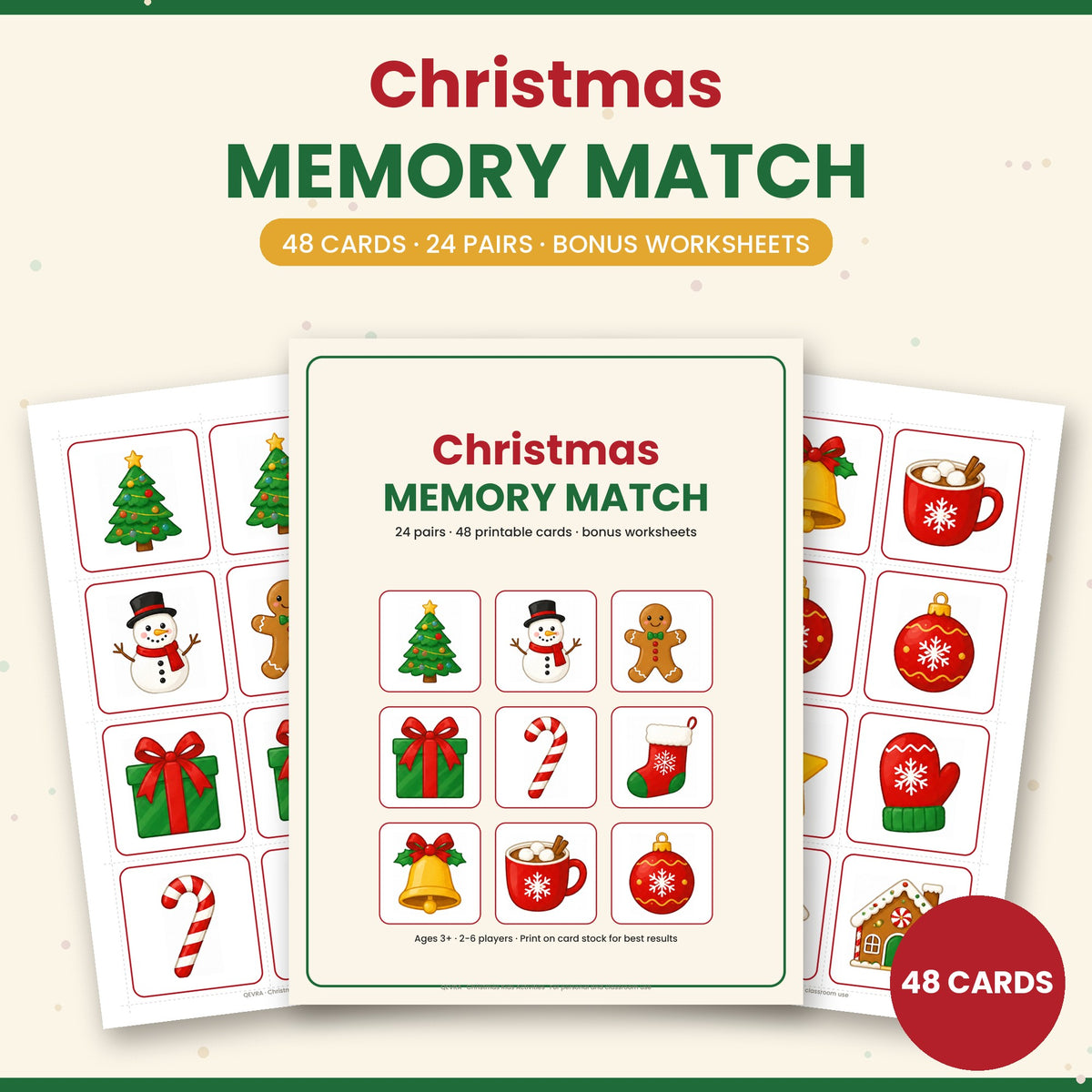 Christmas Memory Match Game for Kids – 48 Printable Picture Cards + Matching Worksheets