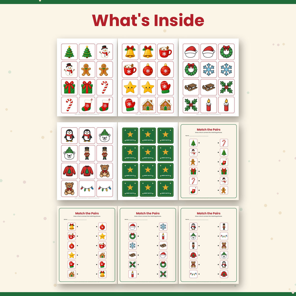Christmas Memory Match Game for Kids – 48 Printable Picture Cards + Matching Worksheets