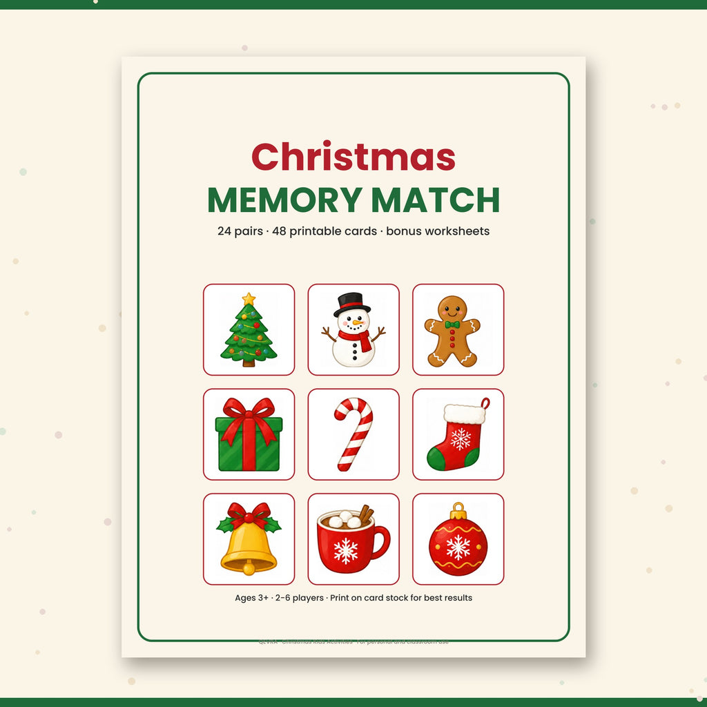 Christmas Memory Match Game for Kids – 48 Printable Picture Cards + Matching Worksheets