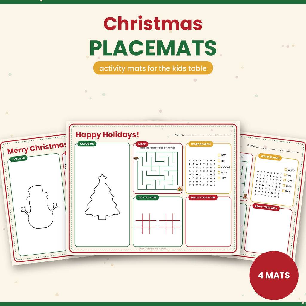 Christmas Activity Placemats for Kids – 4 Printable Mats with Maze, Word Search & Coloring