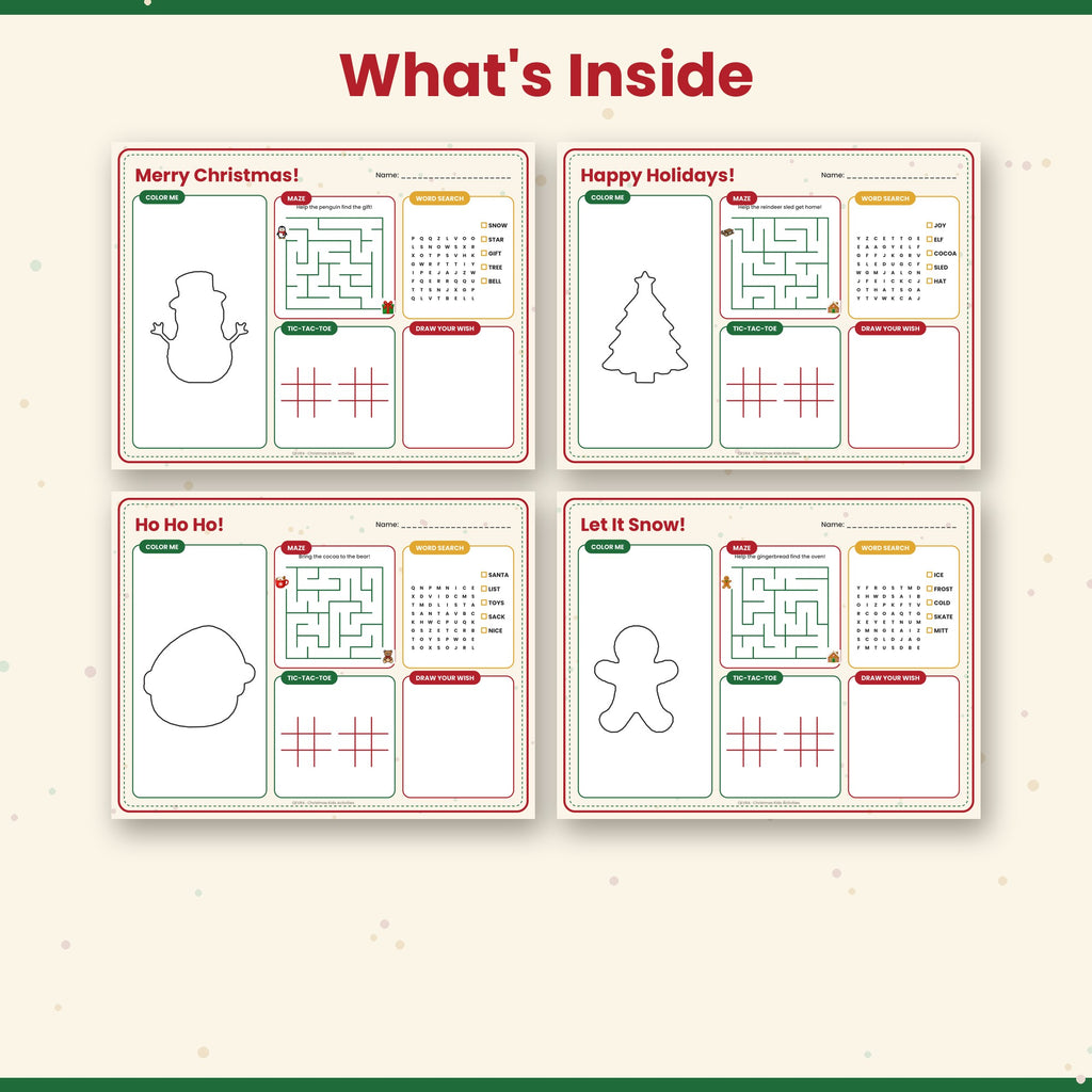 Christmas Activity Placemats for Kids – 4 Printable Mats with Maze, Word Search & Coloring
