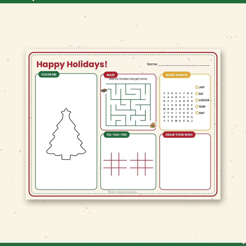 Christmas Activity Placemats for Kids – 4 Printable Mats with Maze, Word Search & Coloring