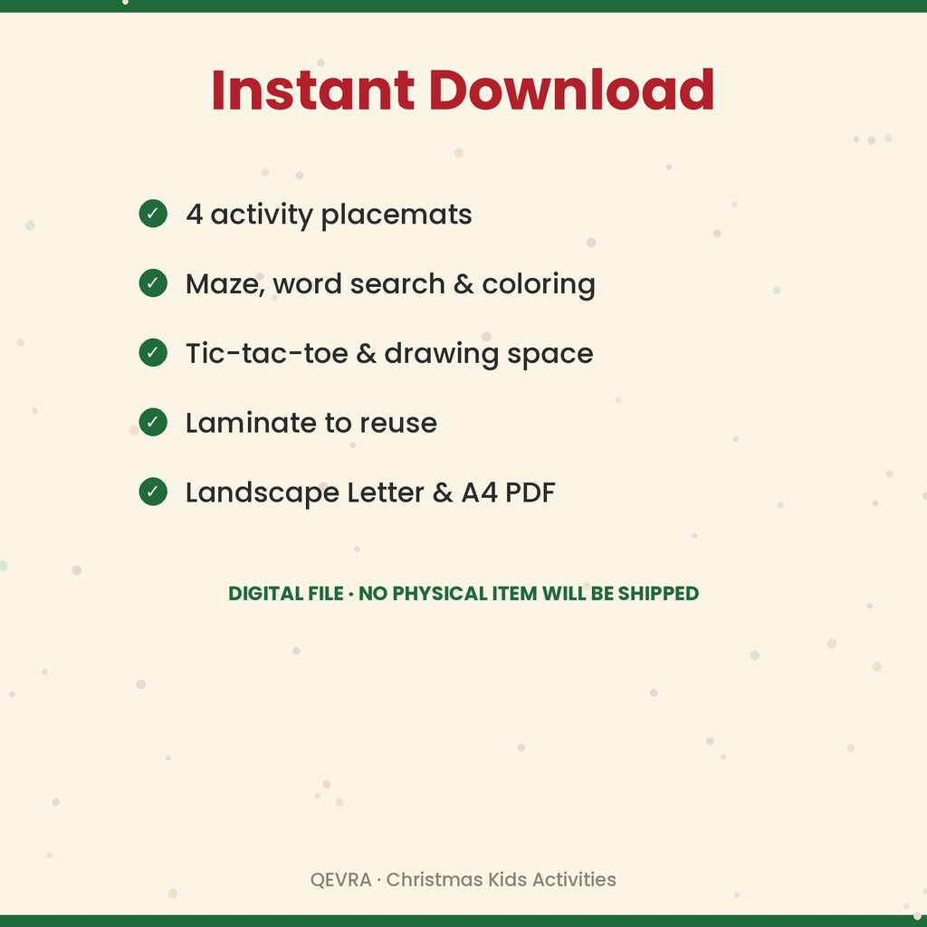 Christmas Activity Placemats for Kids – 4 Printable Mats with Maze, Word Search & Coloring