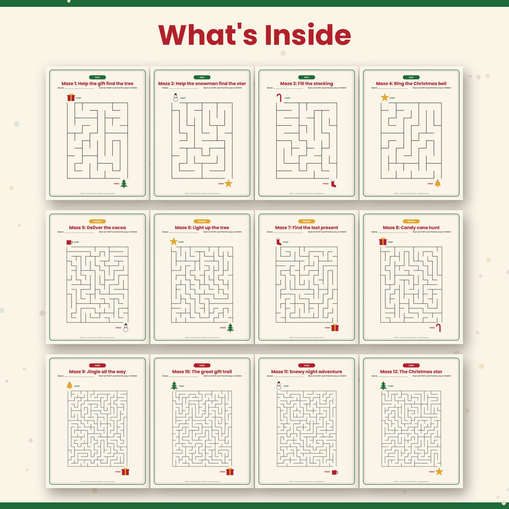 Christmas Mazes for Kids – 12 Printable Holiday Mazes, 3 Levels with Answer Keys