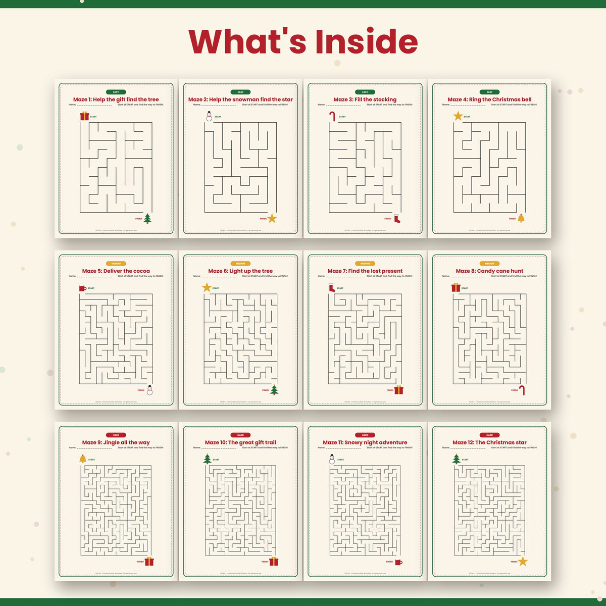 Christmas Mazes for Kids – 12 Printable Holiday Mazes, 3 Levels with Answer Keys