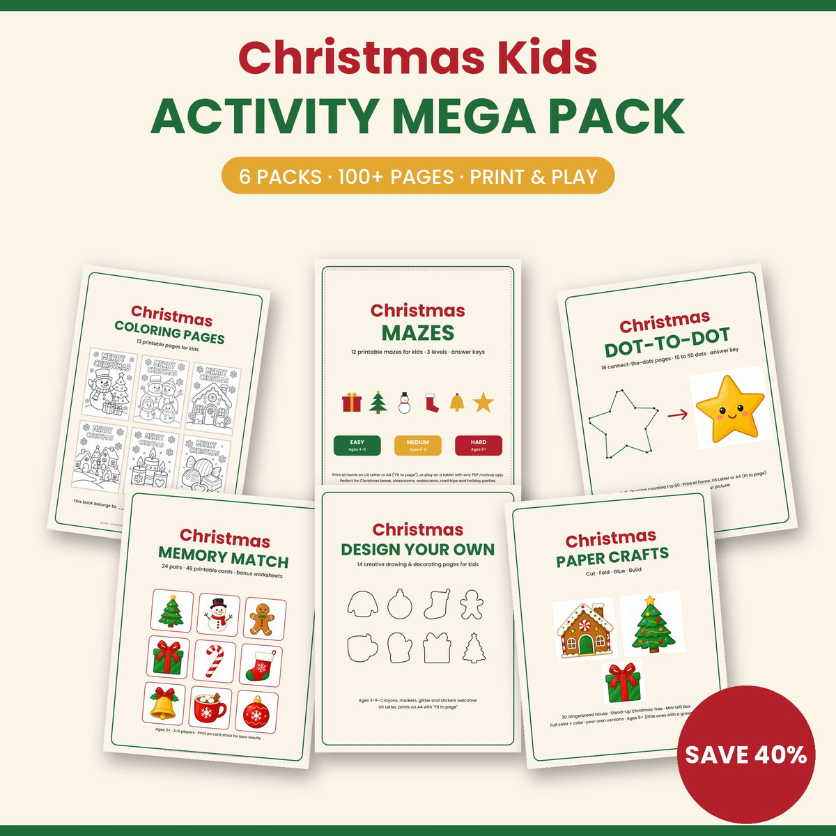 Christmas Kids Activity Mega Pack – 100+ Printable Pages: Coloring, Mazes, Dot-to-Dot, Memory Game & Crafts