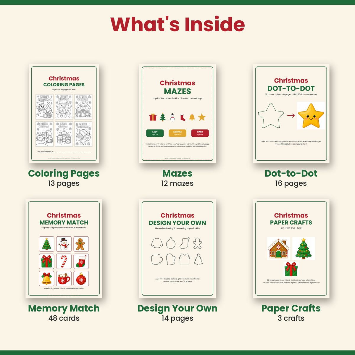 Christmas Kids Activity Mega Pack – 100+ Printable Pages: Coloring, Mazes, Dot-to-Dot, Memory Game & Crafts