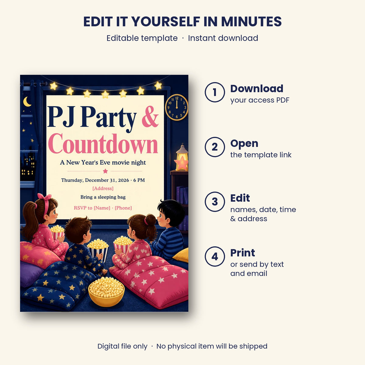 Kids PJ Party & Countdown New Year's Eve Movie Night Invitation – Editable Canva Template