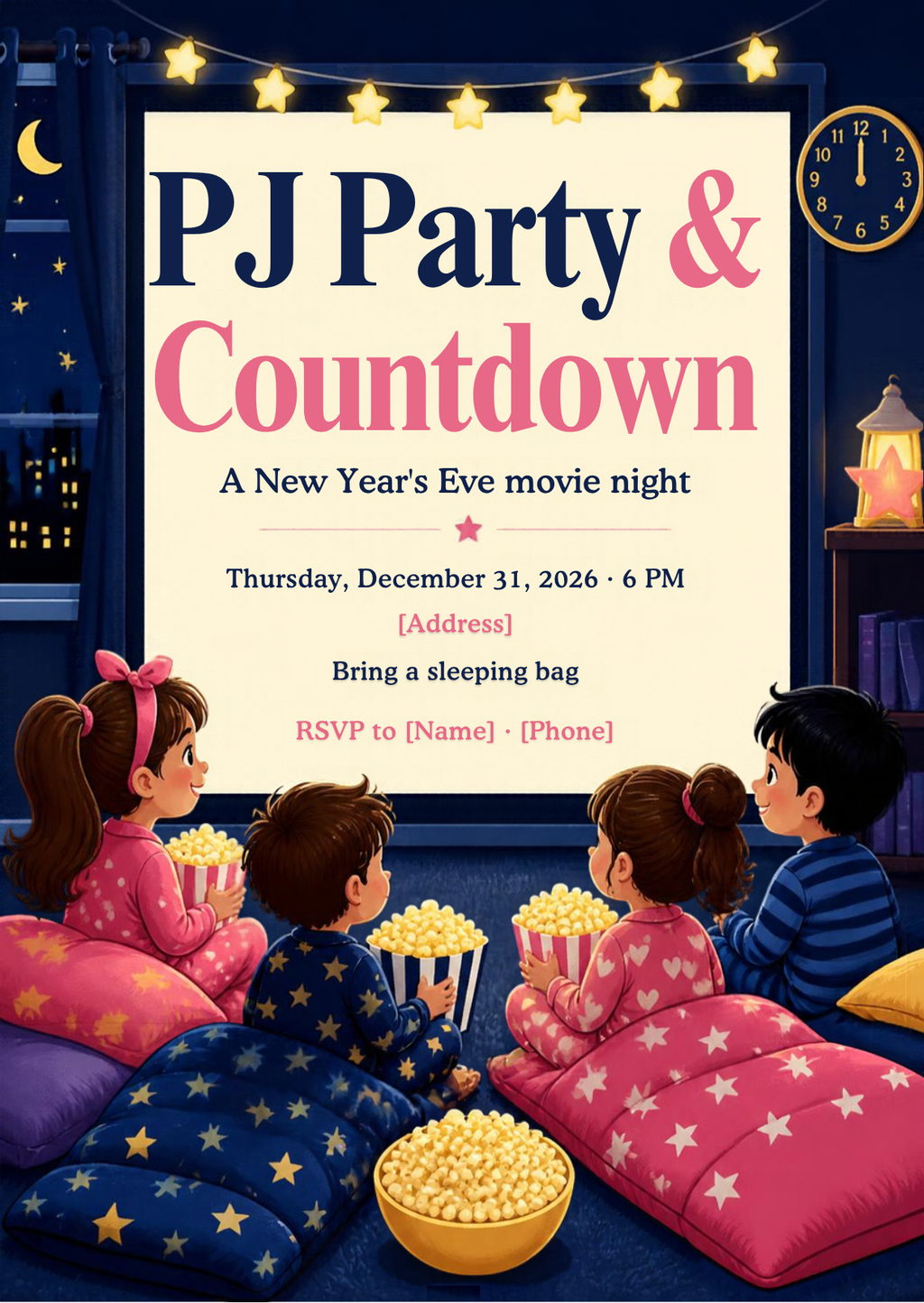 Kids PJ Party & Countdown New Year's Eve Movie Night Invitation – Editable Canva Template