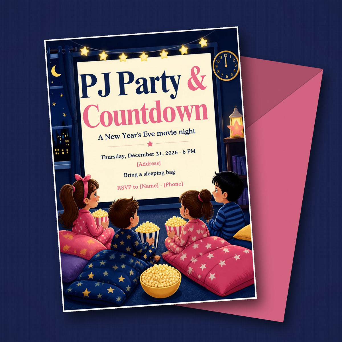 Kids PJ Party & Countdown New Year's Eve Movie Night Invitation – Editable Canva Template