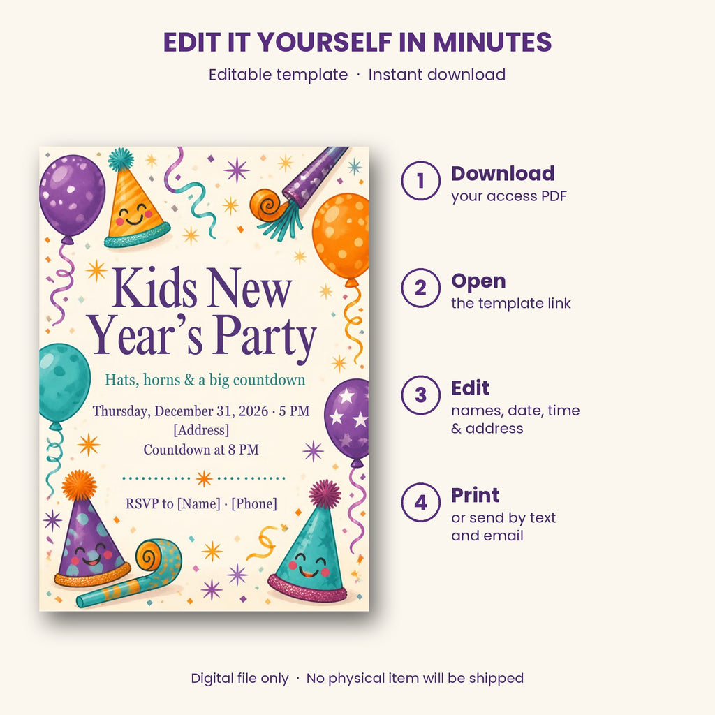 Kids New Year's Eve Party Invitation with Party Hats & Balloons – Editable Canva Template