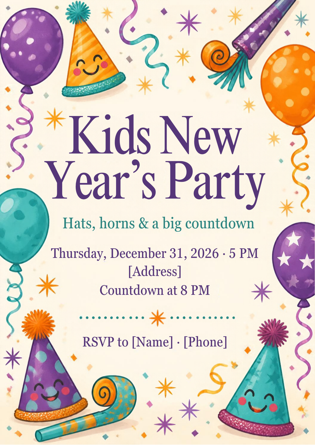 Kids New Year's Eve Party Invitation with Party Hats & Balloons – Editable Canva Template