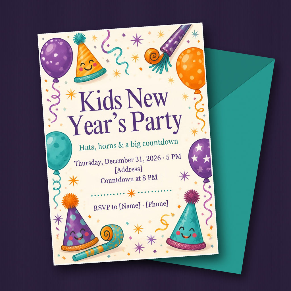 Kids New Year's Eve Party Invitation with Party Hats & Balloons – Editable Canva Template