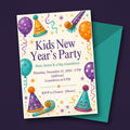 Kids New Year's Eve Party Invitation with Party Hats & Balloons – Editable Canva Template
