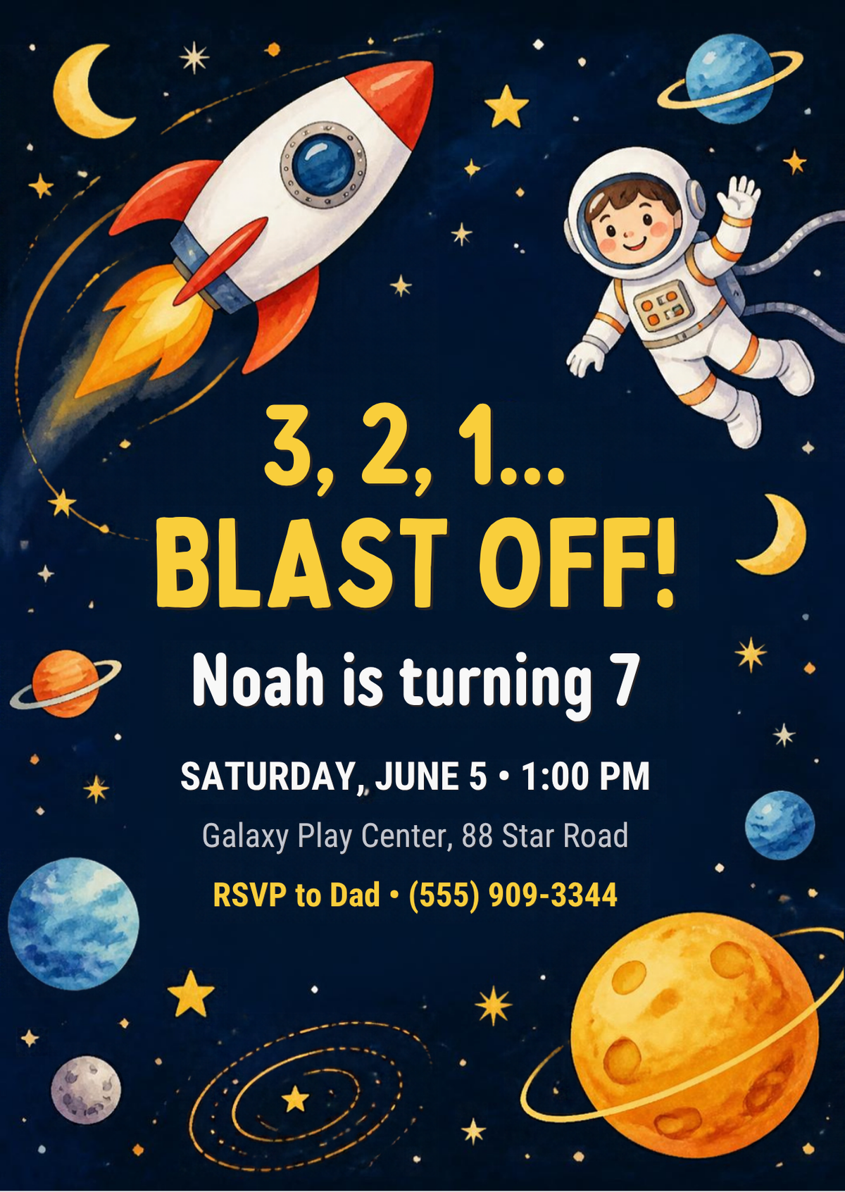 Editable Canva outer space blast off birthday invitation template for kids, 5x7