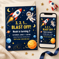Outer space birthday party invitation with rocket, astronaut and planets, shown as printed card and on phone