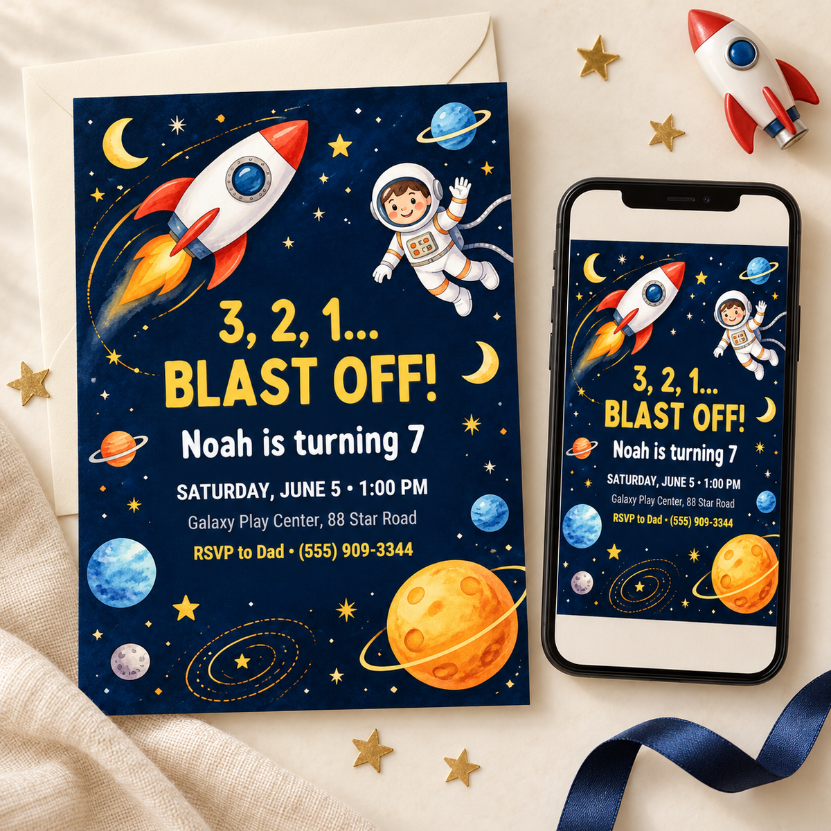 Outer space birthday party invitation with rocket, astronaut and planets, shown as printed card and on phone