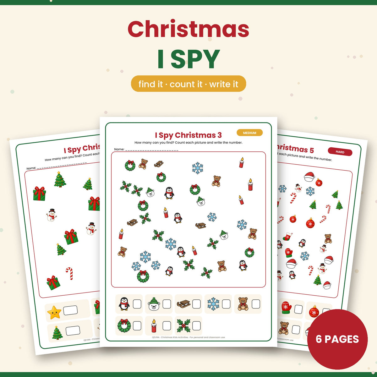 Christmas I Spy Counting Game for Kids – 6 Printable Pages, 3 Levels with Answer Key