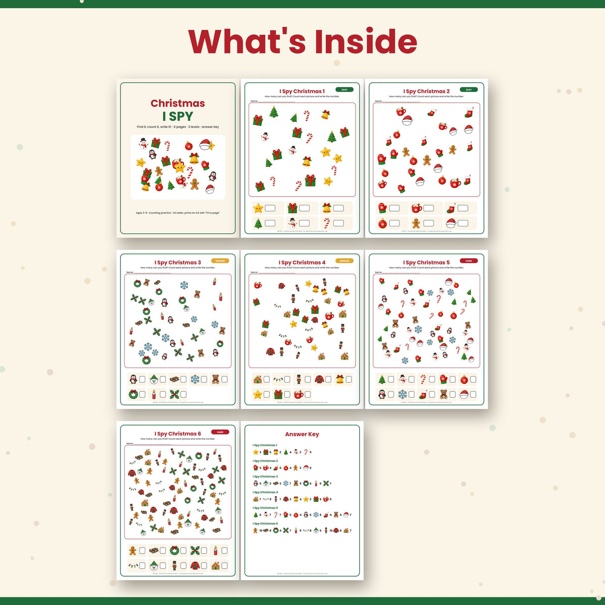 Christmas I Spy Counting Game for Kids – 6 Printable Pages, 3 Levels with Answer Key